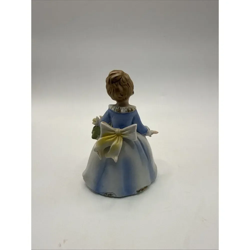 Vintage Ceramic Figurine Girl in Blue & White Dress Holding Flowers Japan *